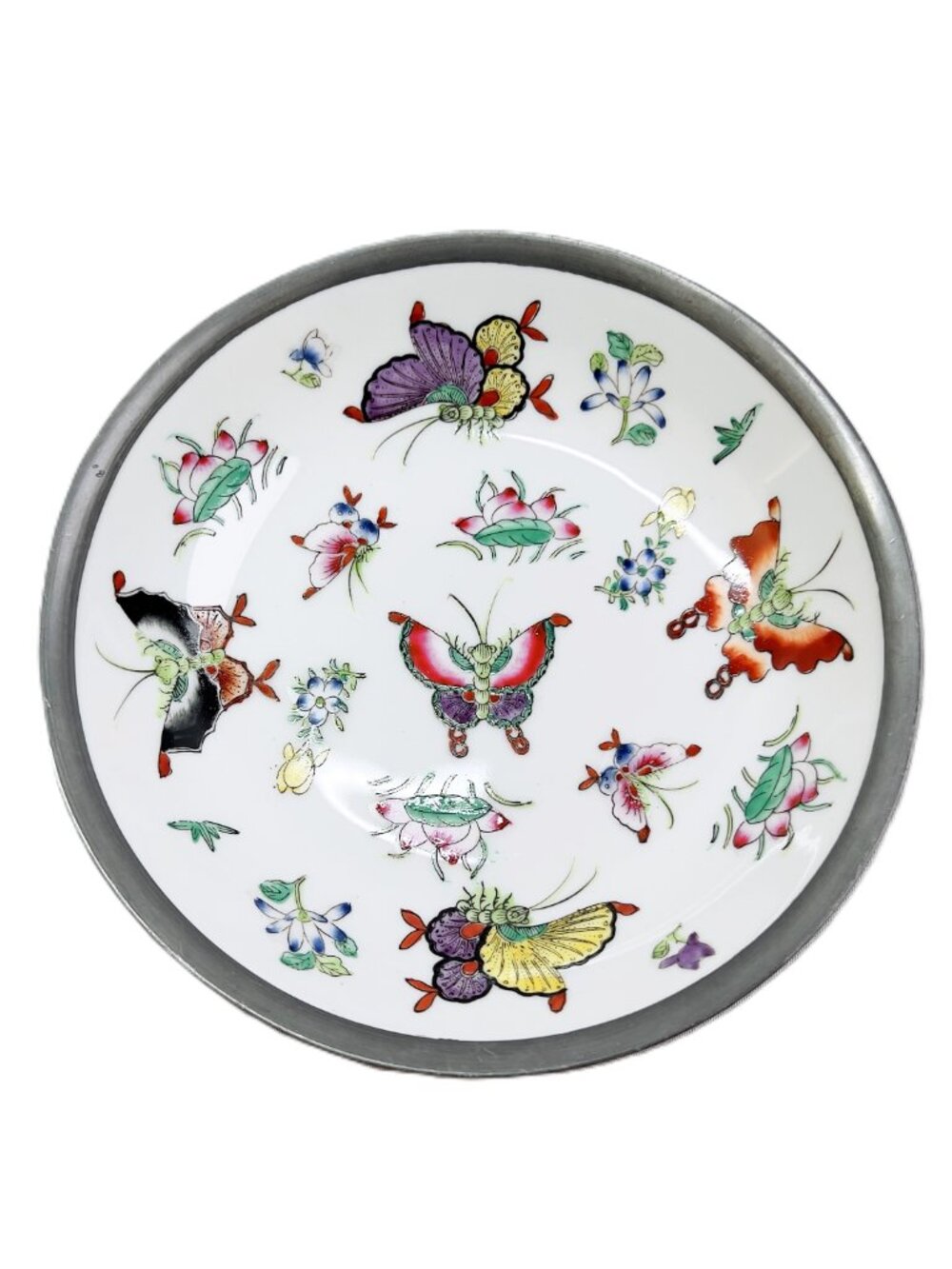 Pewter & Porcelain Bowl Hand Painted Vintage Butterflies Floral Motifs Japan 8"